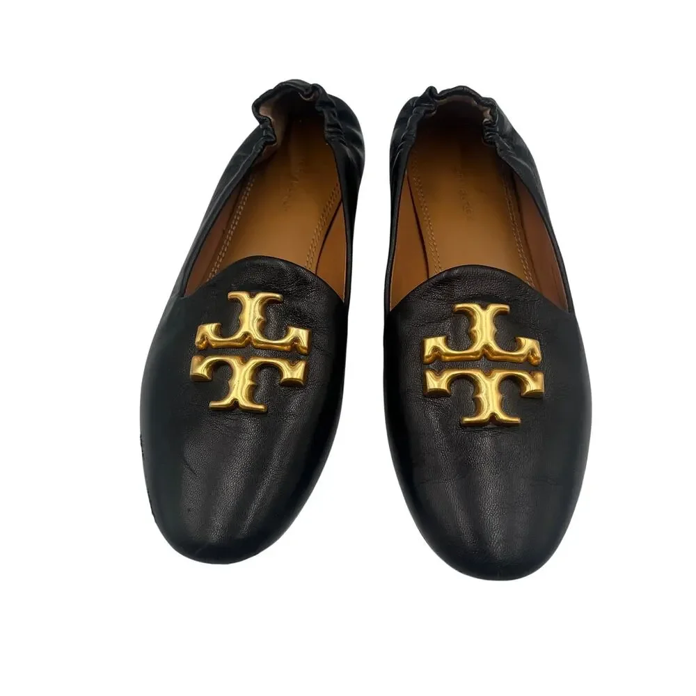 Tory Burch Loafers Flats Shoes Eleanor Double T Logo Leather Black Size 6.5M